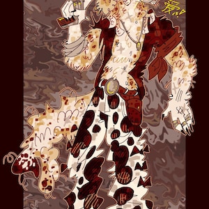 Puede incluir: Ilustración digital de un personaje canino con un atuendo de vaquero. El personaje lleva un sombrero marrón, un chaleco y pantalones con grandes manchas marrones oscuras. El personaje sostiene un objeto pequeño y tiene un collar dorado.