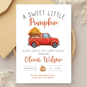Invitación para baby shower de una dulce calabaza, temática de camión otoñal, invitación digital de Canva, baby shower de otoño, tarjeta imprimible