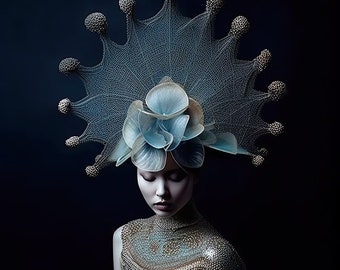 Chimera ,Avant-Garde Celestial Portrait - AI Art Print ,Cosmic Headdress, Dark Luxury Fashion Wall Art for Contemporary Decor, gift for her