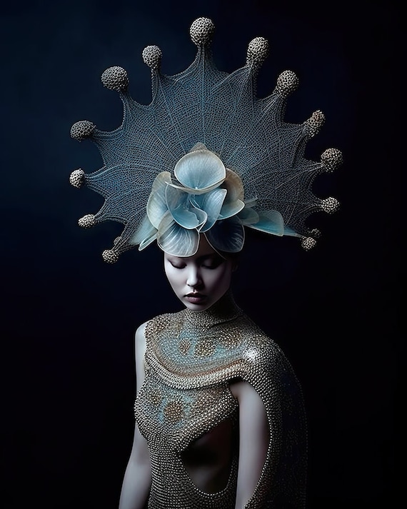 Chimera ,Avant-Garde Celestial Portrait - AI Art Print ,Cosmic Headdress, Dark Luxury Fashion Wall Art for Contemporary Decor, gift for her