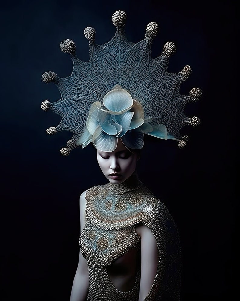 Pode incluir: Uma mulher vestindo um vestido de malha prateada e um grande e intrincado adorno de cabe&ccedil;a feito de tecido azul e branco. O adorno de cabe&ccedil;a tem a forma de uma coroa com um design delicado em forma de teia de aranha.
