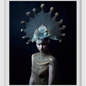 Pode incluir: Uma mulher usando uma coroa de cabe&ccedil;a azul e prata com um top de malha de corrente prateada. O fundo &eacute; azul escuro.