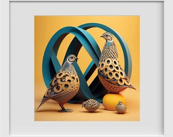 Quail print, Alphabet Critters, AI, animals, editioned,  Bauhaus, creative, birthday, grandparent gift, kid gift, bird, bird lover gift