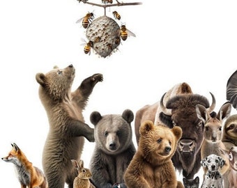 Composição de fotos AI de um zoológico de animais, arte Midjourney, arte única, arte de parede, arte de quarto infantil, urso, decoração de casa, foto da natureza, amante dos animais