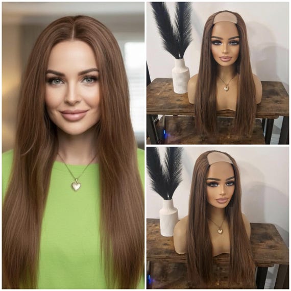 Chestnut Human & Synthetic Hair Blend Wig Human/synthetic Blend U Part Wig Light Chestnut Brown S,M or  main image 2