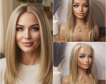 European human hair blend U part wig blonde #18/22