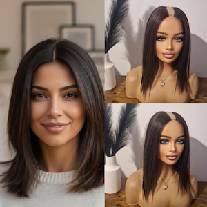 Human/synthetic blend, narrow U part wig, dark brown