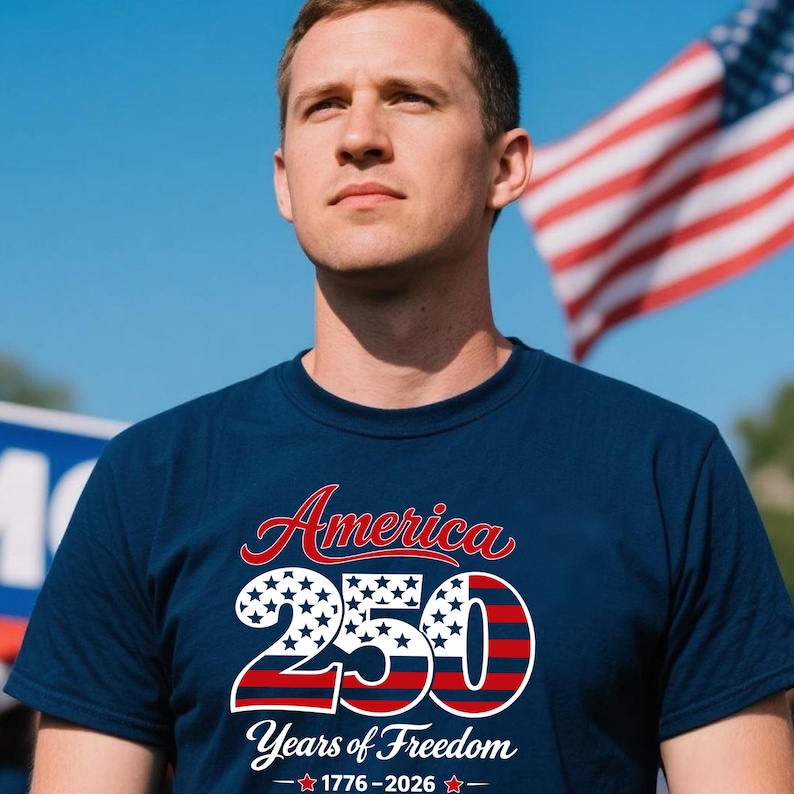 Może przedstawiać: Granatowa koszulka z napisem "America 250 Years of Freedom" w kolorze czerwonym, białym i niebieskim. Projekt zawiera gwiazdy i paski, z latami 1776-2026 poniżej. W tle widoczna jest amerykańska flaga.