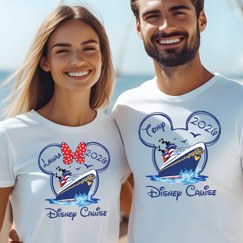 May include: White t-shirts with a Disney Cruise design. The design features a cruise ship, the words "Disney Cruise", and the year "2026". One shirt has a red bow and the name "Laura", while the other has the name "Tony".