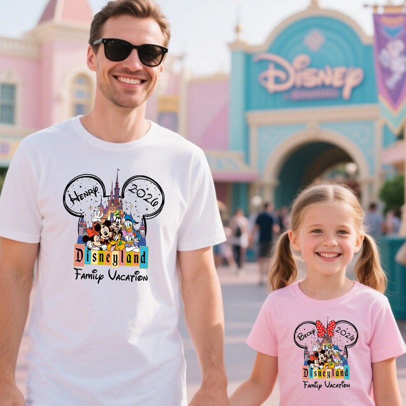 Puede incluir: Un hombre y una ni&ntilde;a visten camisetas a juego blancas y rosas con un dise&ntilde;o de Disneyland. Las camisetas presentan una cabeza de Mickey Mouse con el texto "Henry 2020" y "Becky 2020" respectivamente, junto con personajes de Disney y las palabras "Disneyland Family Vacation."