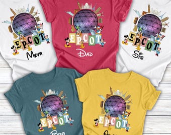 Camisetas familiares de Disney Epcot, camisetas personalizadas del parque temático Disney Epcot, camisetas para vacaciones familiares en Disney, camisetas a juego para Epcot, camisetas para viajes a Disney.