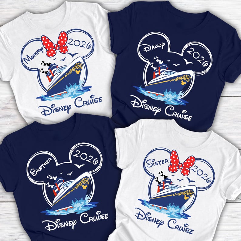 May include: Four t-shirts with a Disney Cruise theme. Each shirt features a Mickey Mouse head outline with text indicating "Mommy", "Daddy", "Brother", and "Sister". The shirts also display a cruise ship graphic and the year "2026".