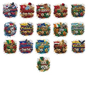 May include: A collection of colorful graphic designs featuring flags and the text "2026" with soccer balls. Each design represents a different country, including South Korea, Tunisia, Jordan, Morocco, South Africa, Panama, Colombia, Australia, and others.