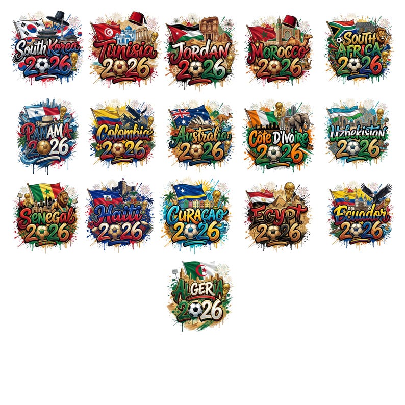 May include: A collection of colorful graphic designs featuring flags and the text "2026" with soccer balls. Each design represents a different country, including South Korea, Tunisia, Jordan, Morocco, South Africa, Panama, Colombia, Australia, and others.
