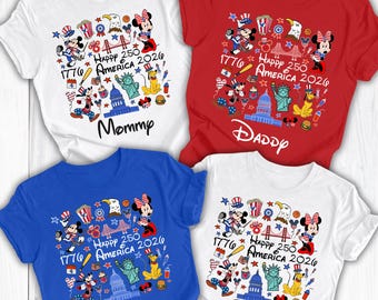 Disney 4th July 2026 Family Shirts, Custom Disney America 250th Year Shirts, Disney 4th July Name Shirts, Mickey and Minnie 4th July Shirts