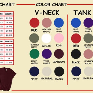 Puede incluir: Una tabla de tallas y colores para camisetas con cuello en V y camisetas sin mangas. La tabla incluye medidas de tama&ntilde;o en pulgadas y opciones de color como rojo, brezo malva, azul real y negro. Tambi&eacute;n hay una camiseta sin mangas roja y una camiseta burdeos.
