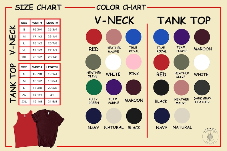 Puede incluir: Una tabla de tallas y colores para camisetas con cuello en V y camisetas sin mangas. La tabla incluye medidas de tama&ntilde;o en pulgadas y opciones de color como rojo, brezo malva, azul real y negro. Tambi&eacute;n hay una camiseta sin mangas roja y una camiseta burdeos.