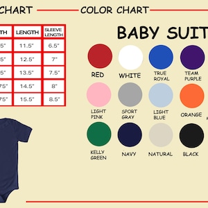 Puede incluir: Body de beb&eacute; azul marino con una tabla de tallas y una carta de colores. La tabla de tallas muestra medidas en pulgadas para el ancho, largo y largo de la manga. La carta de colores muestra varios colores, incluyendo rojo, blanco y azul marino.