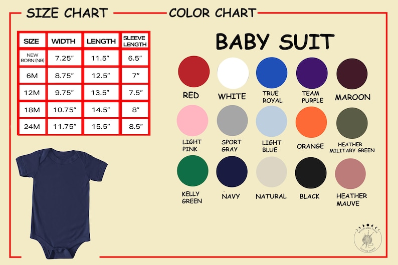 Puede incluir: Body de beb&eacute; azul marino con una tabla de tallas y una carta de colores. La tabla de tallas muestra medidas en pulgadas para el ancho, largo y largo de la manga. La carta de colores muestra varios colores, incluyendo rojo, blanco y azul marino.