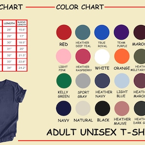 Puede incluir: Camiseta unisex para adultos de color azul marino con una tabla de tallas que muestra las medidas en pulgadas. Una carta de colores muestra varios colores, incluyendo rojo, azul y verde. El texto "ADULT UNISEX T-SHIRT" est&aacute; en la parte inferior.