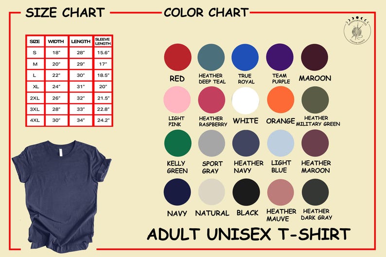 Puede incluir: Camiseta unisex para adultos de color azul marino con una tabla de tallas que muestra las medidas en pulgadas. Una carta de colores muestra varios colores, incluyendo rojo, azul y verde. El texto "ADULT UNISEX T-SHIRT" est&aacute; en la parte inferior.