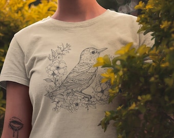 Hand-Drawn Bird T-Shirt, Nature Inspired Tee