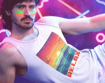 Relax Retro Tank Top, 8-bit Old School Gamer Gaming Sleeveless Shirt, 70's inspired Sunrise
