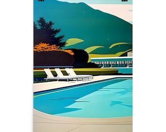 Impressão moderna de piscina inspirada em meados do século - arte de retrato em estilo vintage