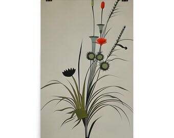 May include: A stylized illustration of a bouquet of flowers with red, green, and black accents. The flowers are arranged in a vase and are surrounded by green leaves.