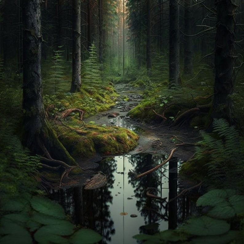 May include: A dark, mossy forest path with a small stream running through it. The stream reflects the trees and sky above. The forest is dense and lush, with tall trees and ferns.
