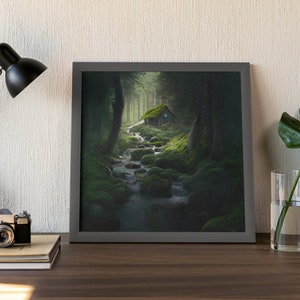 May include: A framed photograph of a small wooden cabin nestled in a lush green forest. A stream flows through the forest, with moss-covered rocks and trees surrounding the cabin.