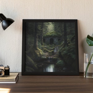 May include: A framed print of a mossy stone structure in a dark forest. The structure has a small opening and is surrounded by lush greenery. A stream flows through the forest, creating a peaceful and mysterious atmosphere.