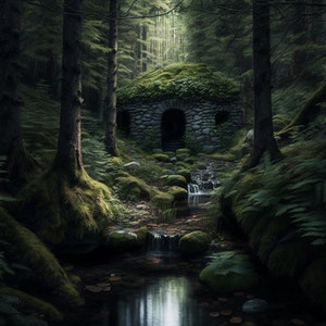 May include: A stone building with a mossy roof and a single entrance is nestled in a lush green forest. A small stream flows in front of the building, with a waterfall cascading down moss-covered rocks.