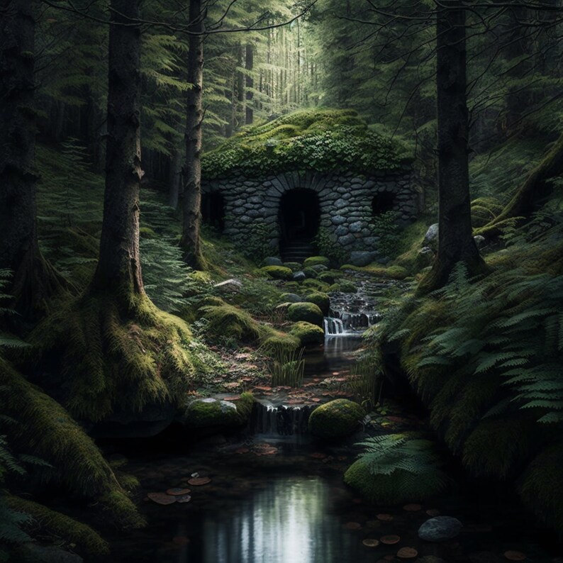 May include: A stone building with a mossy roof and a single entrance is nestled in a lush green forest. A small stream flows in front of the building, with a waterfall cascading down moss-covered rocks.
