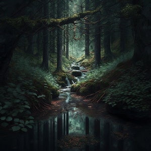 May include: A dark, mossy forest path leads to a small stream with a waterfall. The water is clear and reflects the surrounding trees. The scene is peaceful and serene.