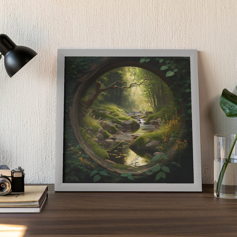 May include: A framed painting of a forest scene with a circular opening in the center, revealing a stream flowing through the woods. The stream is surrounded by green foliage and rocks, and the sunlight shines through the trees.