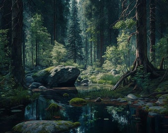 Forest landscape, Forest/nature digital art, downloadable, Digital print