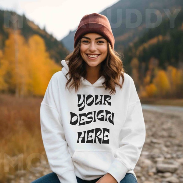 White Gildan 18500 Mockup, G18500 Hoodie Mock Up for Women, G 18500 Hooded Sweatshirt Female Autumn Fall hoody sweat shirt mock-up