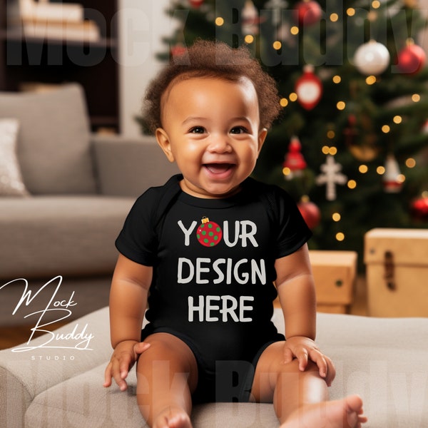 Black Bodysuit Mockup, Infant Christmas Onesie Mock Up, Holiday Baby mock-up, winter xmas romper shoulder flap rabbit skins