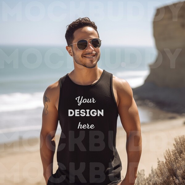 Black Bella Canvas 3480 Jersey Tank Mockup, Tank Top Mock Up for Men Male  Outdoor Beach Summer Outdoor Father Day 4th of July Digital