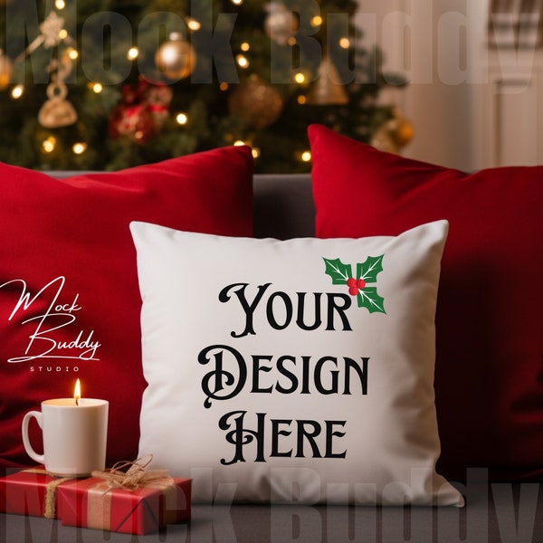 Square Pillow Christmas Mockup, Winter / Holidays White Pillow cushion mock up, xmas pillow cushion or pillowcase mock-up case