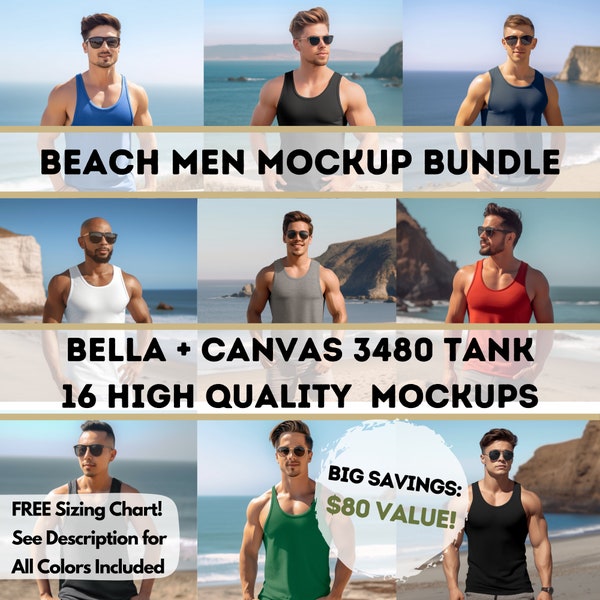 BC 3480 Beach BUNDLE: Male Tank Top Mockup, BC3480 Mock up for Men Outdoor Beach Summer Mock-up Father Day Fourth 4th of July Bella Canvas