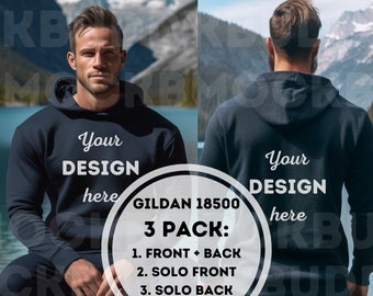 3 Navy Gildan 18500 Mockups Side by Side, Front and Back Hoodie Mock Up for Men, Hooded Sweatshirt Male  Outdoor Mountain Nature