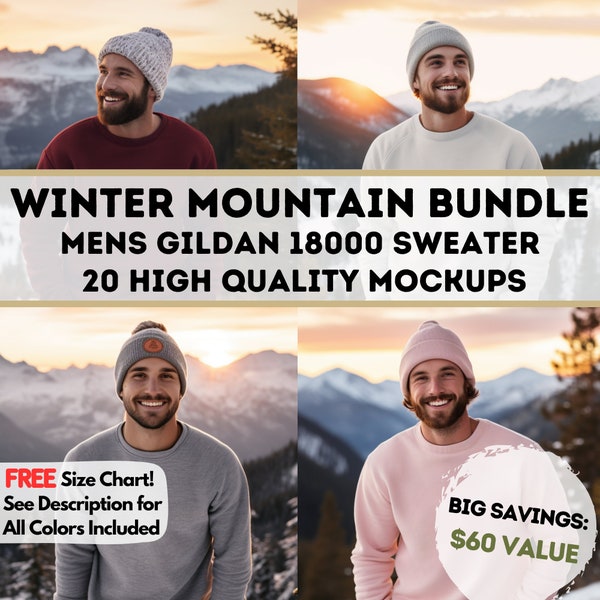 Gildan 18000 Mockup BUNDLE! Winter male sweatshirt Mock Ups foe men, Outdoor mock-up G 18000 G18000 mountain Christmas holiday xmas snow