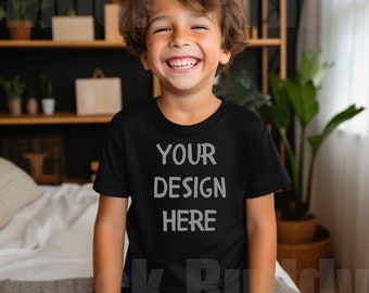 Black Bella Canvas 3001Y Youth Boy Tshirt Mockup, Kids T-shirt Mock Up, t shirt for child children BC BC3001Y Tee mock-up