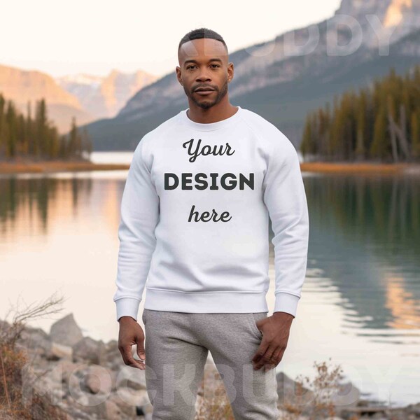 White Gildan 18000 Mockup, Crewneck Sweatshirt Mock up, Sweater for Men, Male Sweat Shirt Outdoor Mountain Lake Man Crew Neck