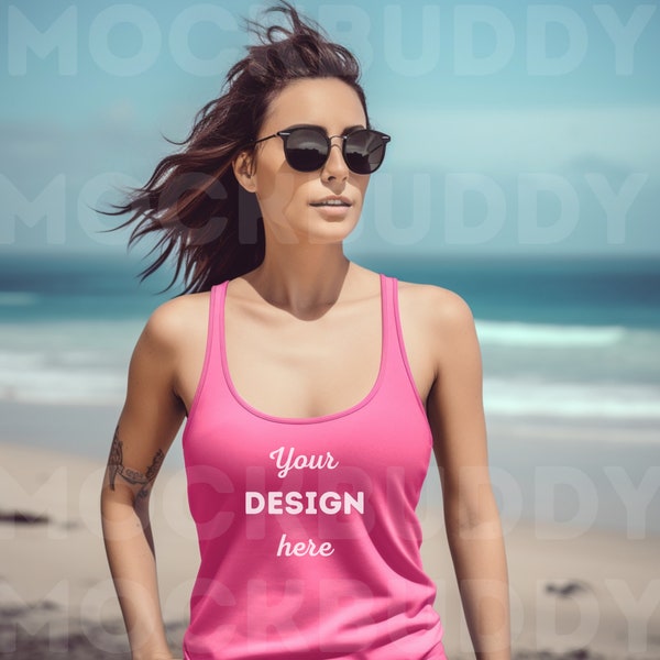 Solid Hot Pink Next Level 1533 Ideal Racerback Tank Top Mockup, Mock Up for Women Female  Outdoor Beach Summer 4th of July Mother Day