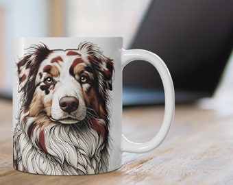 Australian Shepherd Mug - Hand-Sketched Red Merle Aussie - 11oz Ceramic Coffee Cup - Perfect Gift for Dog Lovers - Unique Pet Art Drinkware