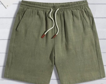 Men's Drawstring Shorts With Pocket in military green, navy blue, gray and beige, men pants, linen men pants