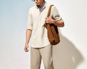 Long, loose-sleeved shirt in woven linen for men, easy-care, solid beige color, linen Top, linen shirt for Men